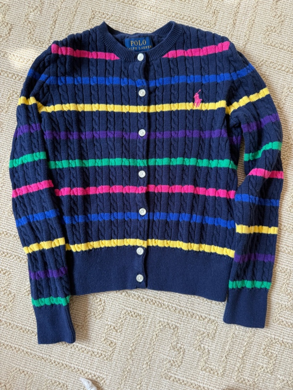 New Polo Ralph Lauren Navy Cable Knit Stripe Cardigan Top Sweater girls 7